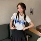 Short-sleeve Argyle Print Crop Polo Shirt