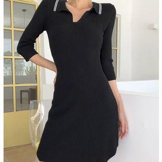 3/4-sleeve Collared Mini Knit Dress Black - One Size