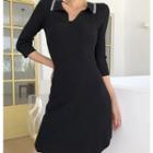 3/4-sleeve Collared Mini Knit Dress Black - One Size