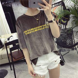 Short-sleeve Embroidery Velvet T-shirt