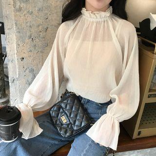 Bell-sleeve Chiffon Blouse Beige Almond - One Size