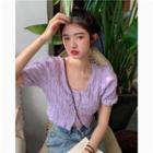 Short-sleeve V-neck Cropped Top Purple - One Size