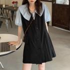 Short-sleeve Blouse / Pleated Mini A-line Overall Dress