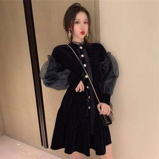 Long-sleeve Velvet A-line Dress Navy Blue - One Size