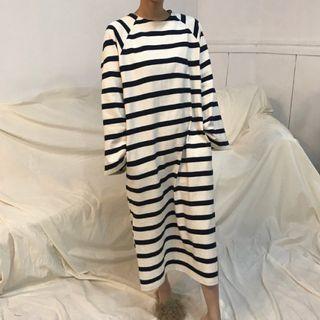 Long-sleeve Striped Midi Dress Stripes - Black & White - One Size