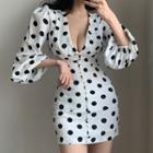 Puff-sleeve V-neck Dotted Mini Bodycon Dress