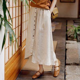 Button-up Midi A-line Skirt Linen - One Size