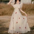 Puff-sleeve Square Neck Midi A-line Dress