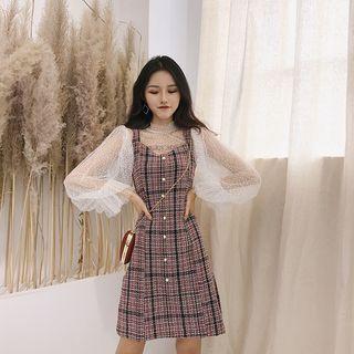 Mock-neck Long-sleeve Top / Tweed A-line Pinafore Dress
