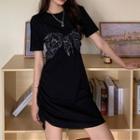 Set: Short-sleeve Mini T-shirt Dress + Floral Print Camisole Top