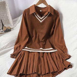 Set: Long-sleeve Pleated Mini A-line Shirtdress + Sweater Vest