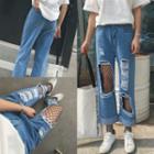Set: Distressed Wide Leg Jeans + Fishnet Tights