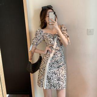 Puff-sleeve Drawstring Polka Dot Dress