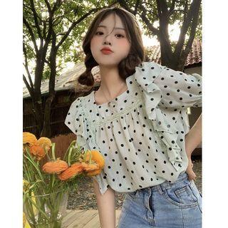 Short-sleeve Square Neck Dotted Blouse Light Green - One Size