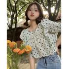 Short-sleeve Square Neck Dotted Blouse Light Green - One Size