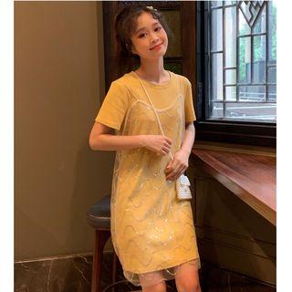 Set: Crew-neck Short-sleeve T-shirt Dress + Mesh Spaghetti Strap Dress