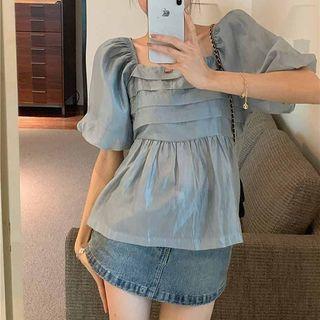 Puff-sleeve Square Neck Blouse Blue - One Size