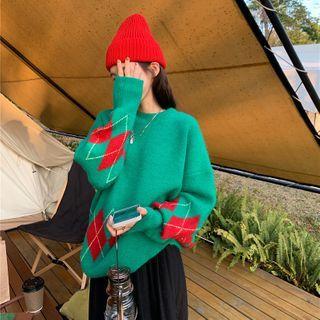 Argyle Loose-fit Sweater Green - One Size