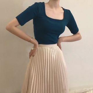 Square Neck Short-sleeve Plain Top