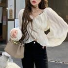 Long-sleeve V-neck Crinkle Blouse / Slit Flared Cropped Pants
