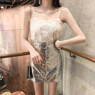 Spaghetti Strap Lace Top / Sequined Mini Pencil Skirt