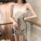 Spaghetti Strap Lace Top / Sequined Mini Pencil Skirt
