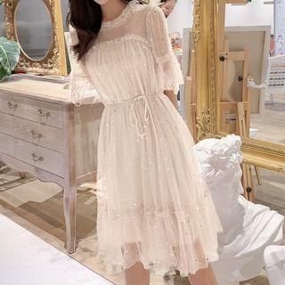 Sheer Elbow-sleeve A-line Dress