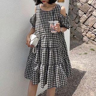Cold Shoulder Plaid Short-sleeve A-line Dress