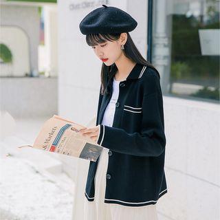 Contrast Trim Collared Cardigan As Shown In Figure - One Size