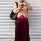 Long-sleeve Open Knit Cardigan / Plain Top / High-waist Corduroy Skirt