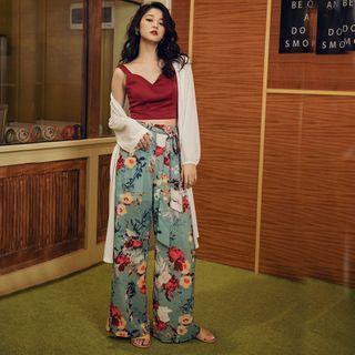 Open-front Chiffon Long Jacket / Cropped Camisole Top / Floral Pants
