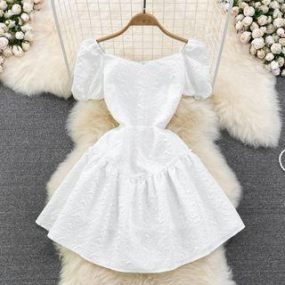 Puff-sleeve Embossed A-line Mini Dress