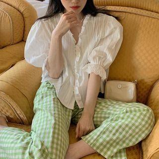 Puff-sleeve Flower Trim V-neck Shirt / Green Plaid High-waist Shift Pants