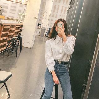Bishop-sleeve Faux-pearl Button Blouse