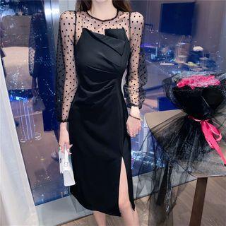 Mesh Panel Long-sleeve Slit A-line Dress