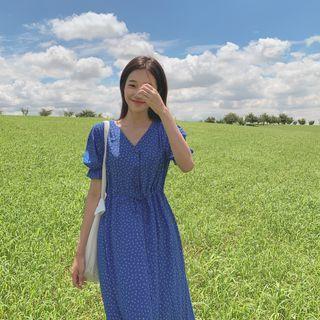 Drawcord-waist Long Floral Dress Blue - One Size