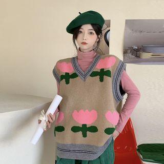 Flower Sweater Vest Khaki - One Size