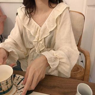 Bell-sleeve Ruffle Trim Top Almond - One Size
