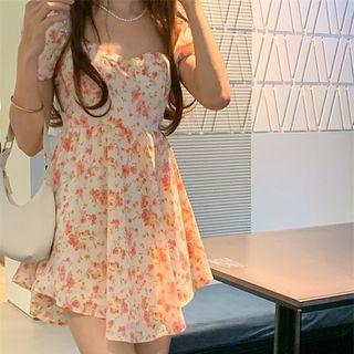 Puff-sleeve Open-back Retro Floral Dress