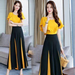 Set: Ruffle Short-sleeve Top + Wide Leg Pants