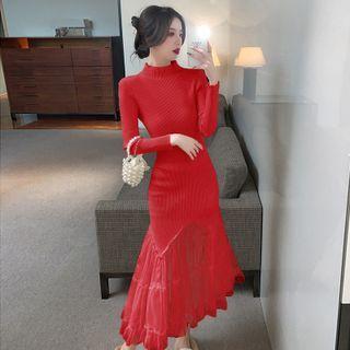 Long-sleeve Mock-neck Tiered Mesh Midi Mermaid Dress