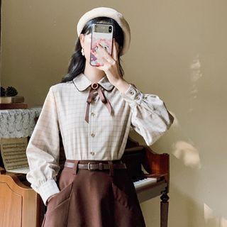 Plaid Shirt / A-line Midi Skirt / Set