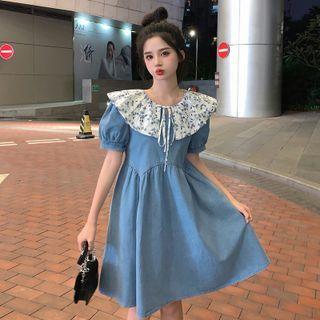 Puff-sleeve Collar Denim Smock Dress