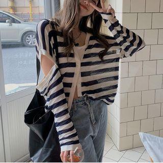 Striped Cutout Cardigan Stripes - White & Black - One Size
