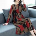 Long-sleeve Color-block Midi A-line Dress