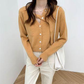 Plain Button-up Cutout Knit Cropped Cardigan