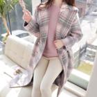 Double-breasted Plaid Long Coat Pink - One Size