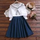 Set: Sailor Collar Tie-neck Blouse + A-line Skirt