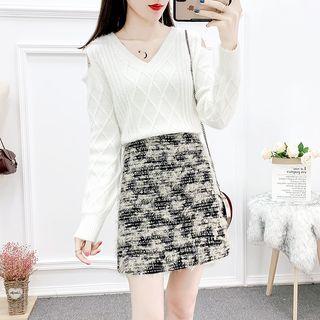 Set: V-neck Cutaway-shoulder Knit Top + A-line Skirt
