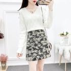 Set: V-neck Cutaway-shoulder Knit Top + A-line Skirt